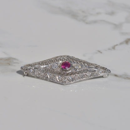 Art Deco Lab Ruby and Diamond Brooch Platinum