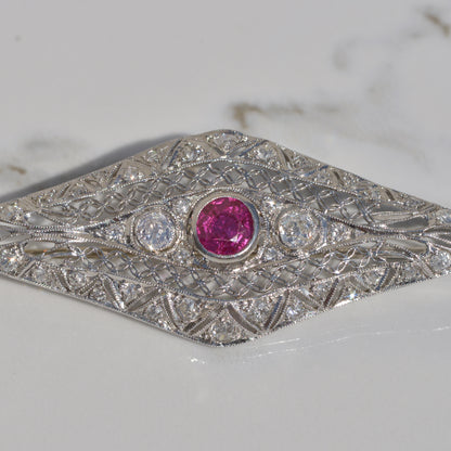 Art Deco Lab Ruby and Diamond Brooch Platinum