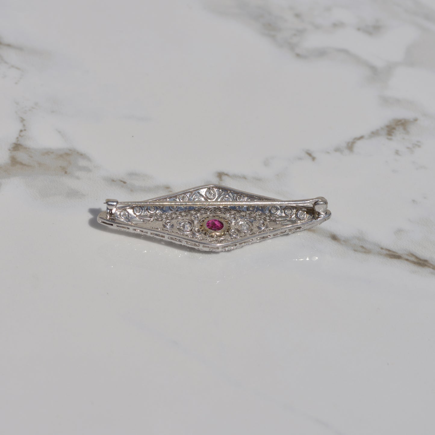 Art Deco Lab Ruby and Diamond Brooch Platinum