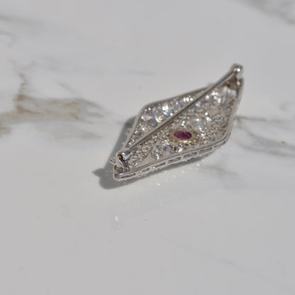 Art Deco Lab Ruby and Diamond Brooch Platinum