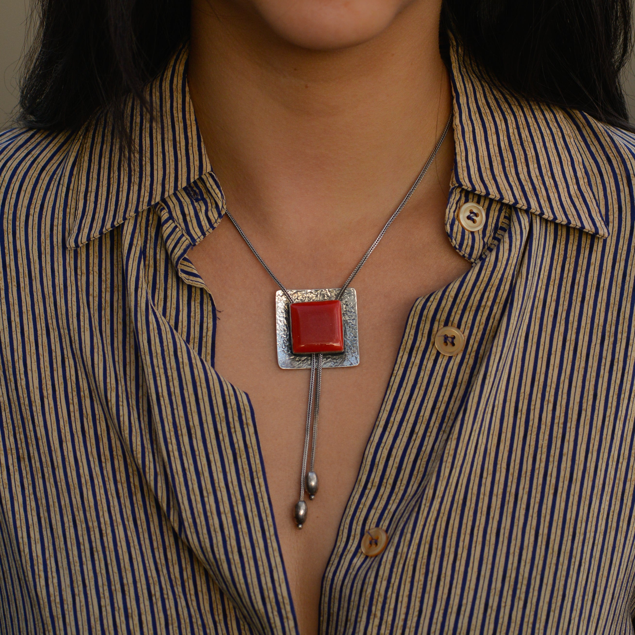 Vintage Sterling Red Glass Lariat Necklace