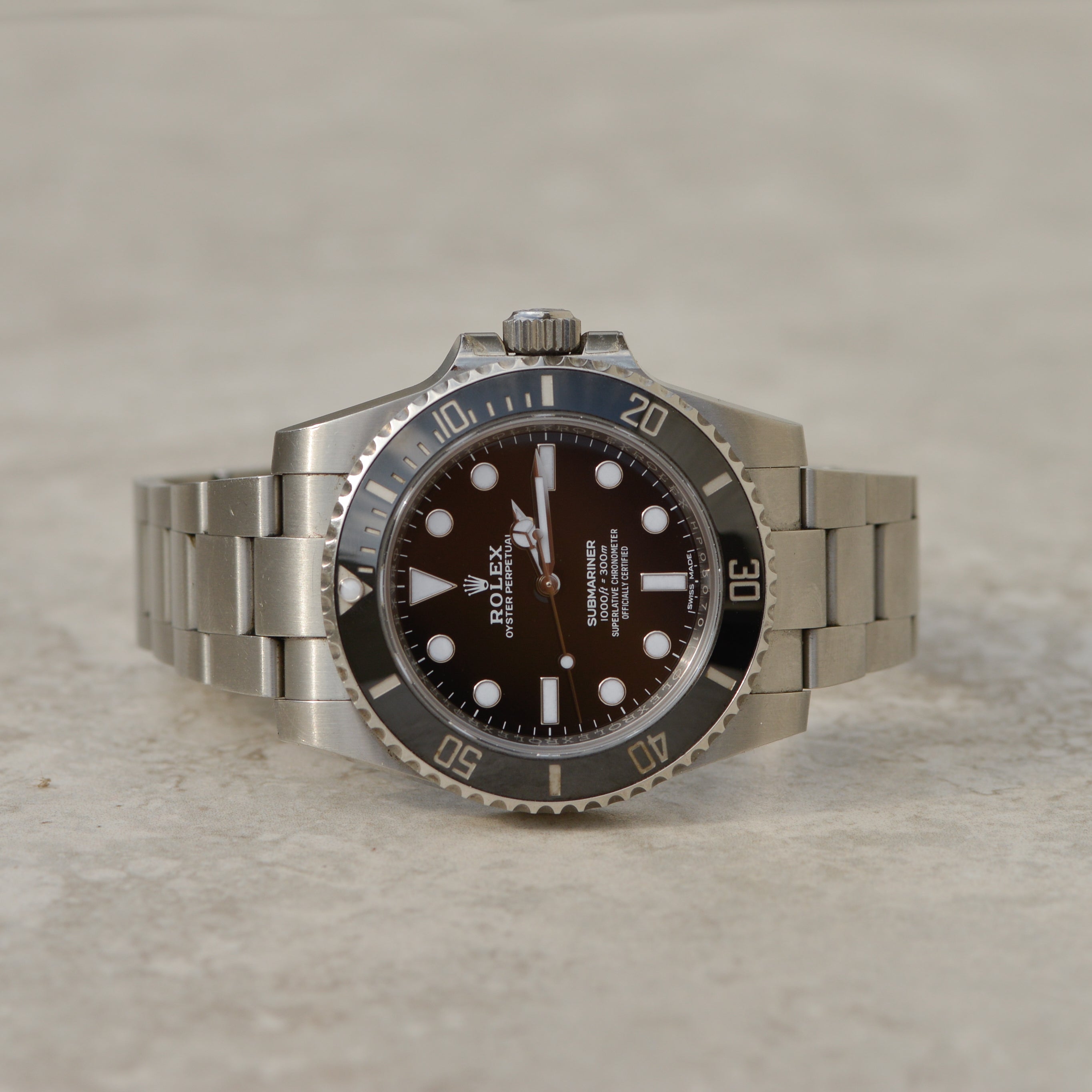 Stainless steel Rolex Submariner no date watch, black dial and bezel