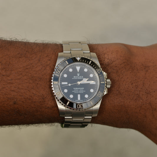 Stainless steel Rolex Submariner no date watch, black dial and bezel