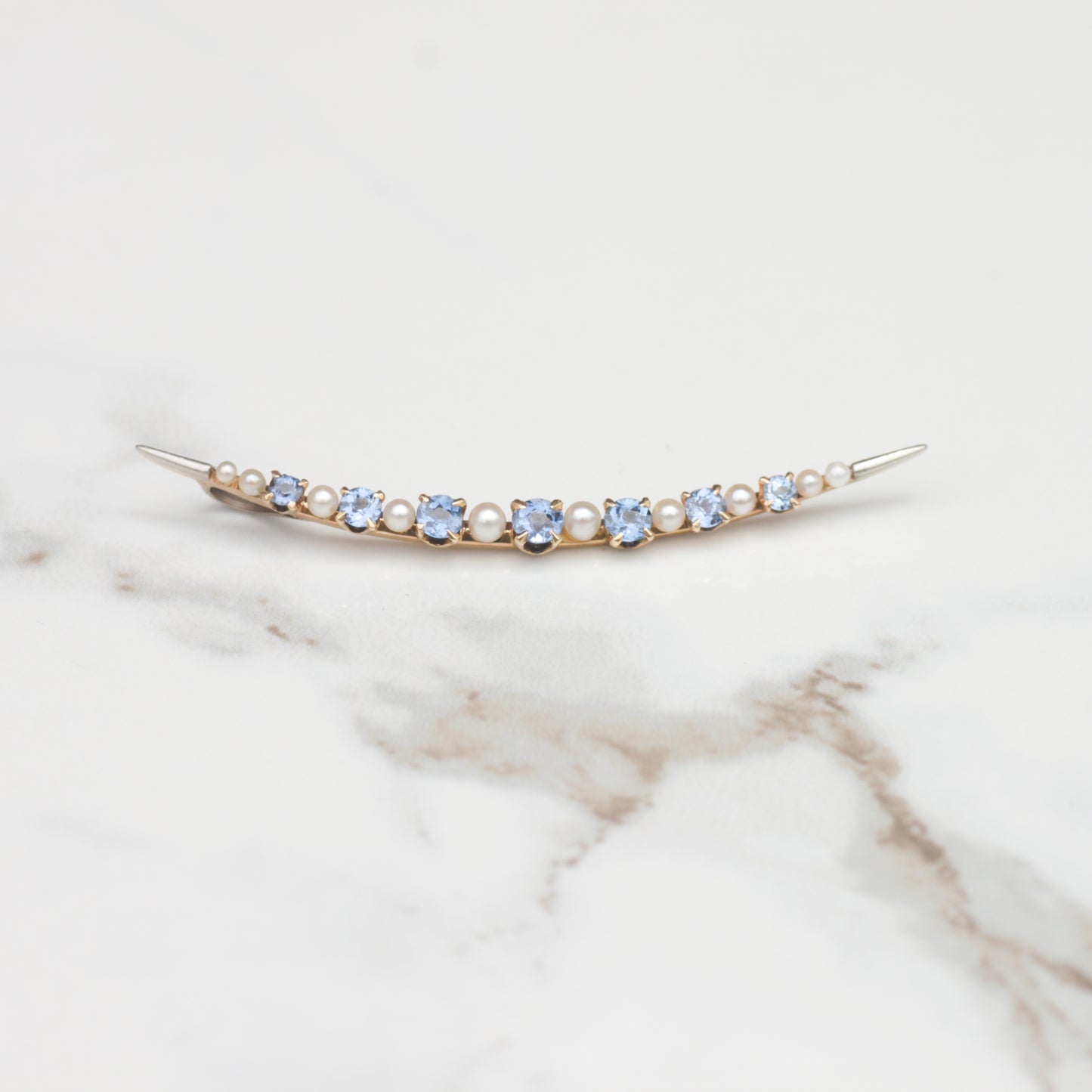 Art Deco Sapphire and Pearl Crescent 14k