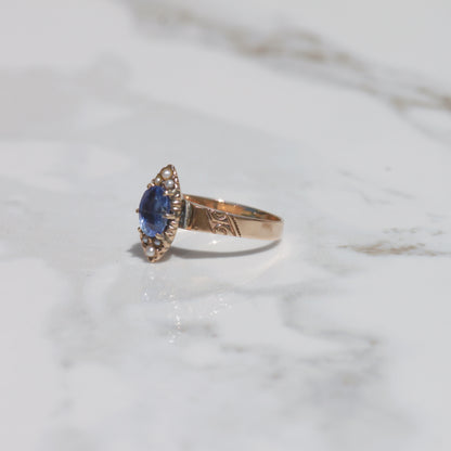 Antique Sapphire and Pearl Navette Ring Sz 6 10k