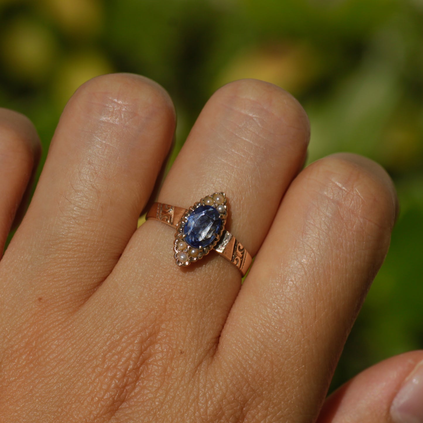 Antique Sapphire and Pearl Navette Ring Sz 6 10k