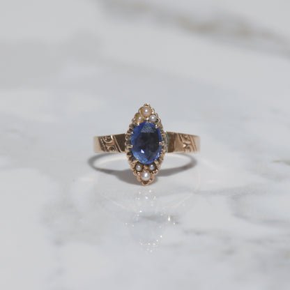 Antique Sapphire and Pearl Navette Ring Sz 6 10k