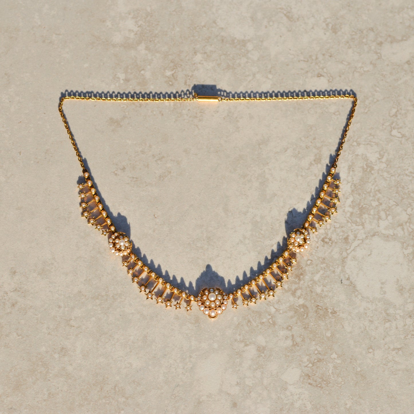 Victorian Crescent and Star Seed Pearl Necklace