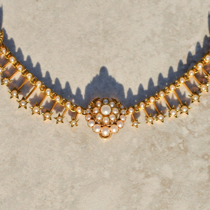 Victorian Crescent and Star Seed Pearl Necklace