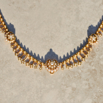 Victorian Crescent and Star Seed Pearl Necklace