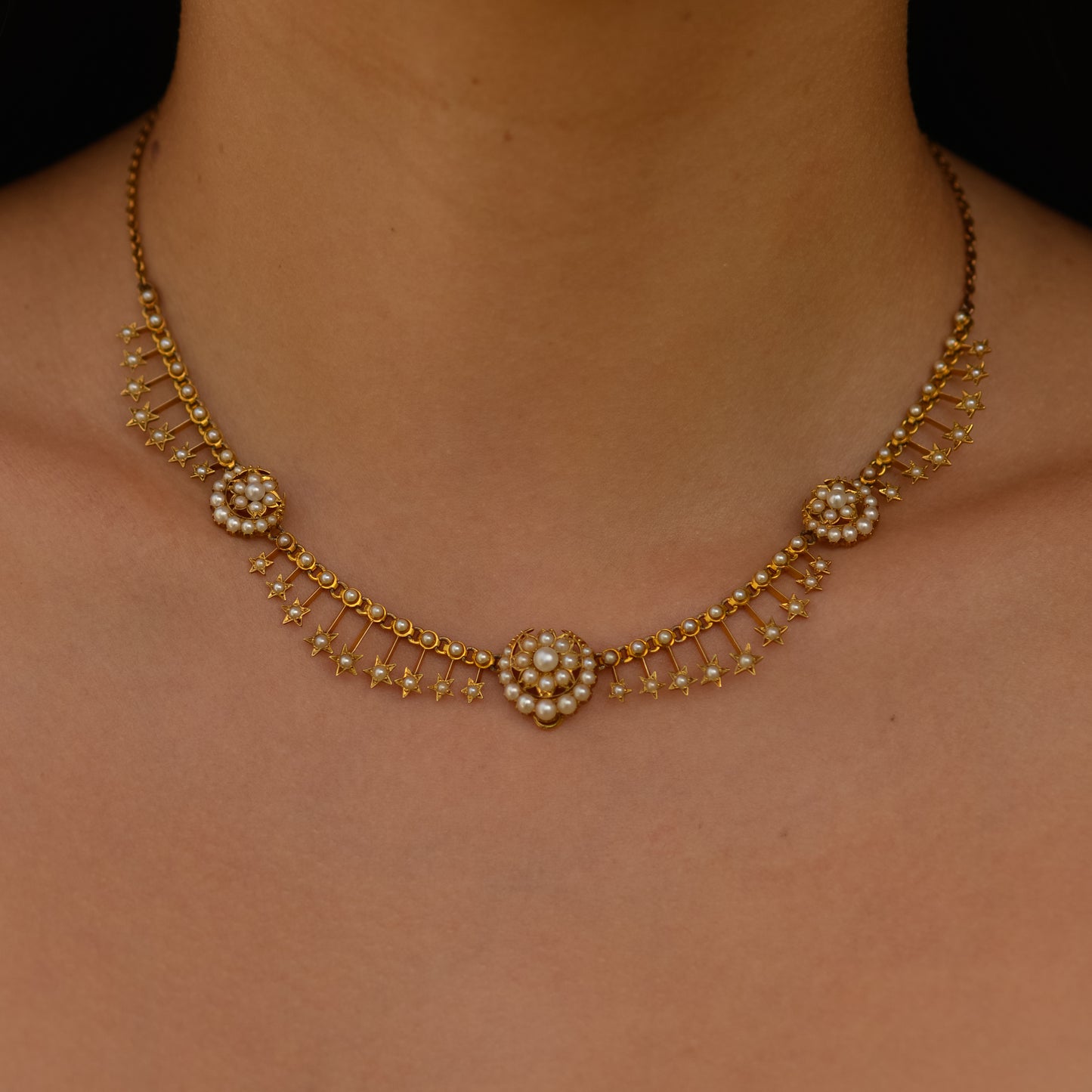 Victorian Crescent and Star Seed Pearl Necklace