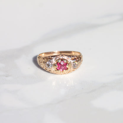 Antique Lab-Created Ruby and Diamond Three Stone Ring 14k Sz 7 3/4