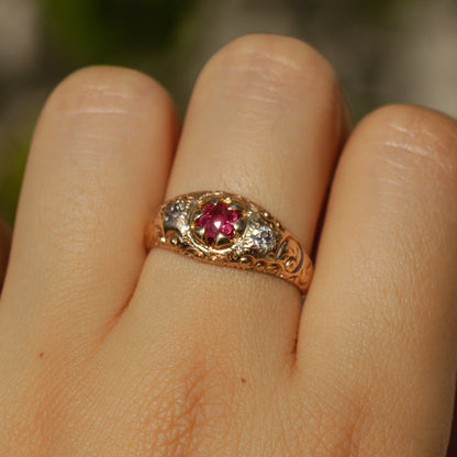 Antique Lab-Created Ruby and Diamond Three Stone Ring 14k Sz 7 3/4