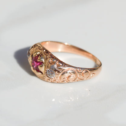 Antique Lab-Created Ruby and Diamond Three Stone Ring 14k Sz 7 3/4