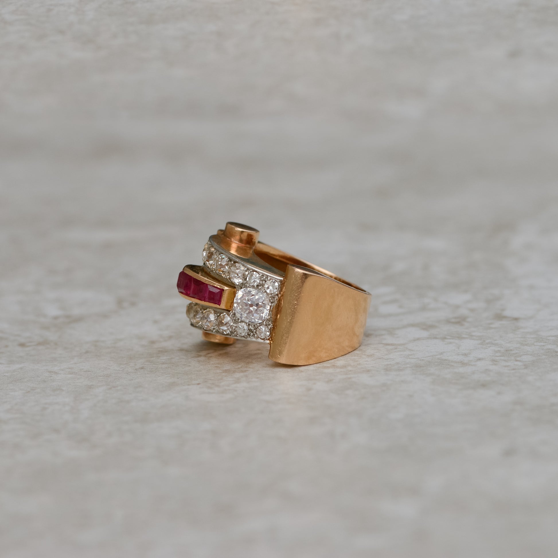 Retro Old Mine Cut Diamond & Lab Ruby Tank Ring