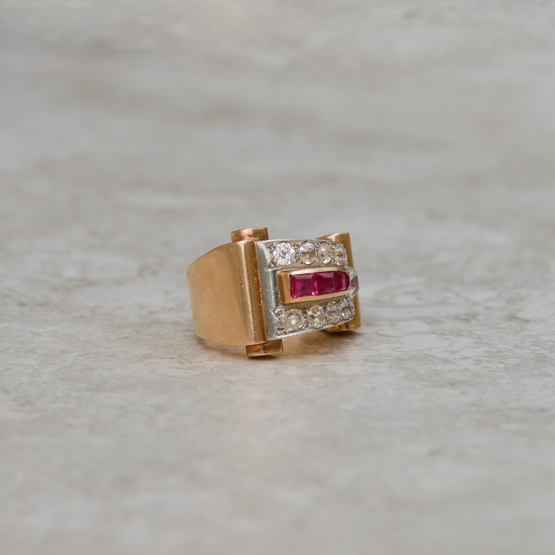 Retro Old Mine Cut Diamond & Lab Ruby Tank Ring