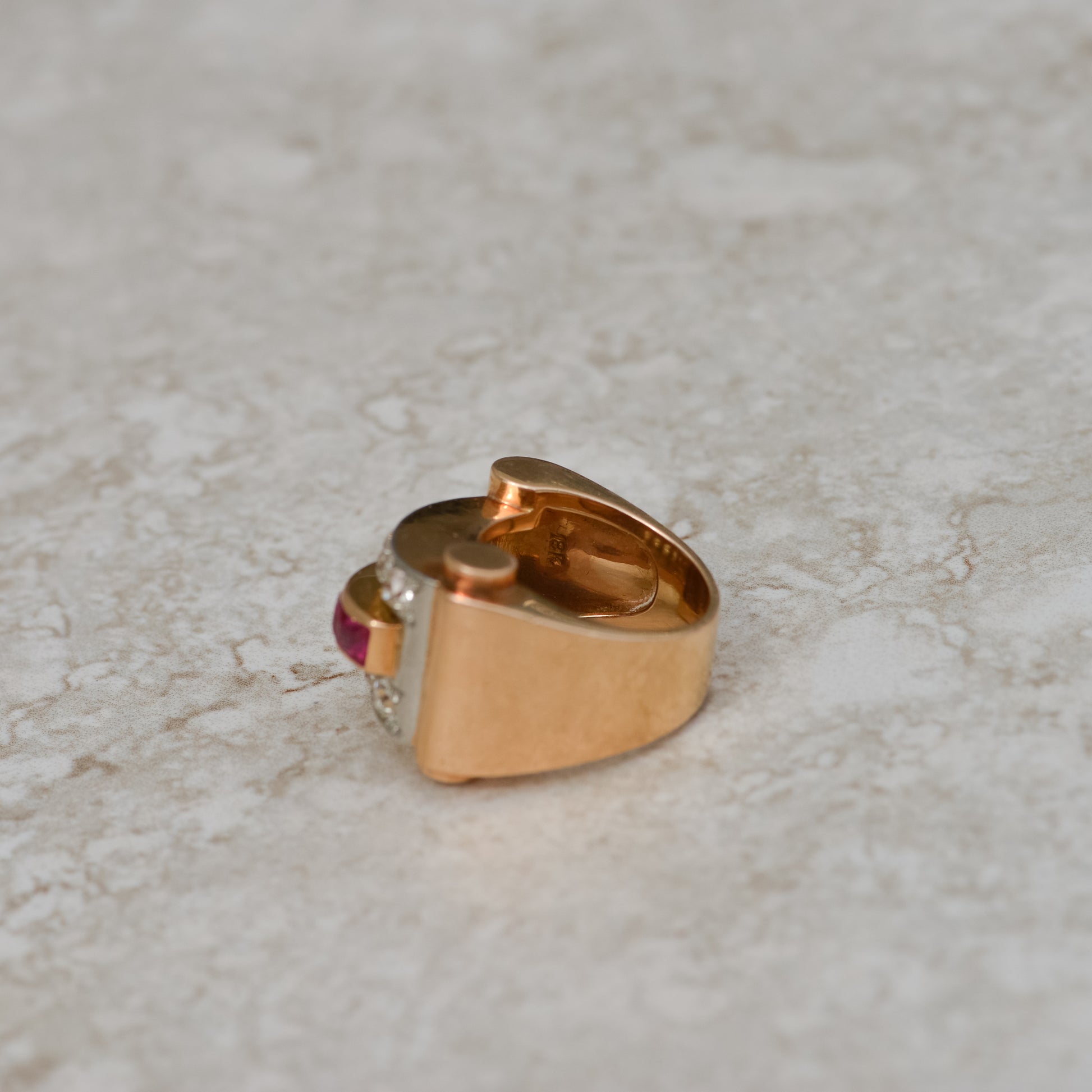 Retro Old Mine Cut Diamond & Lab Ruby Tank Ring