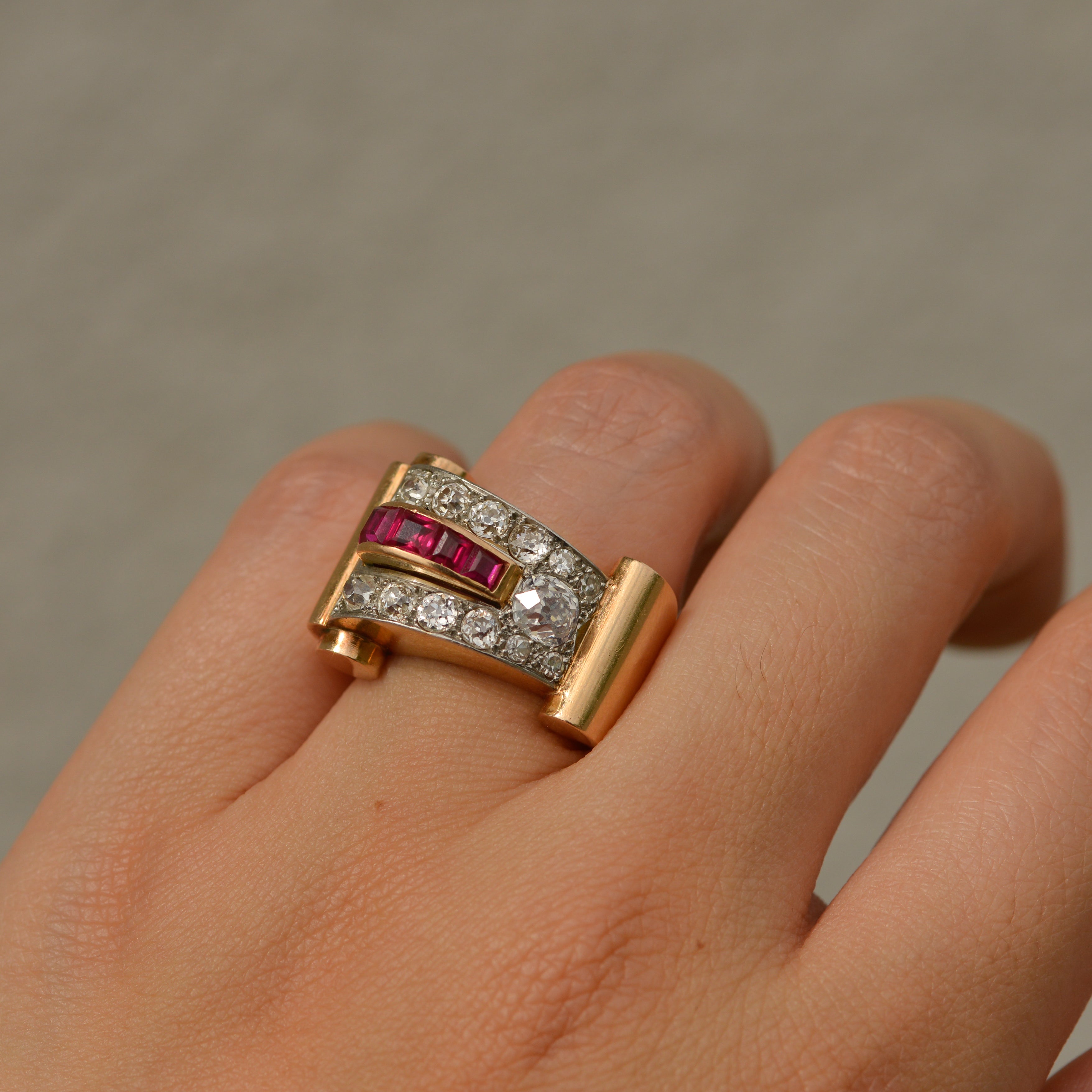Retro Old Mine Cut Diamond & Lab Ruby Tank Ring