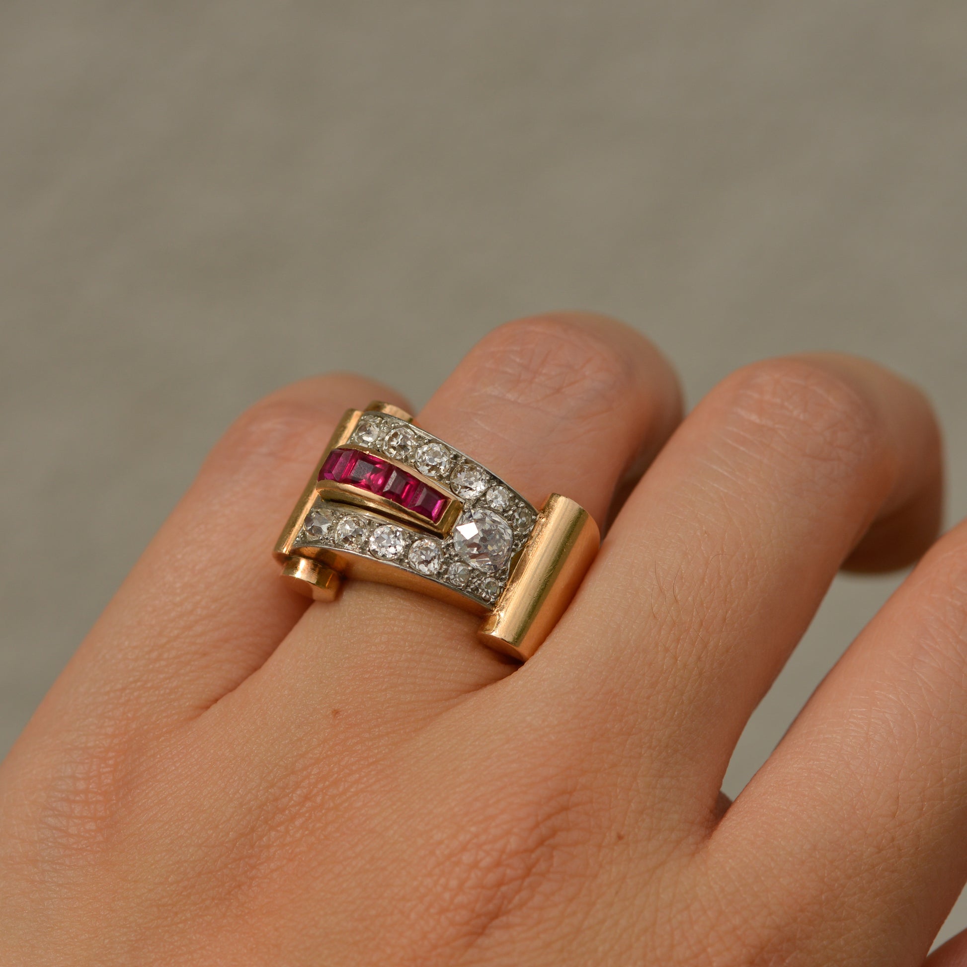 Retro Old Mine Cut Diamond & Lab Ruby Tank Ring