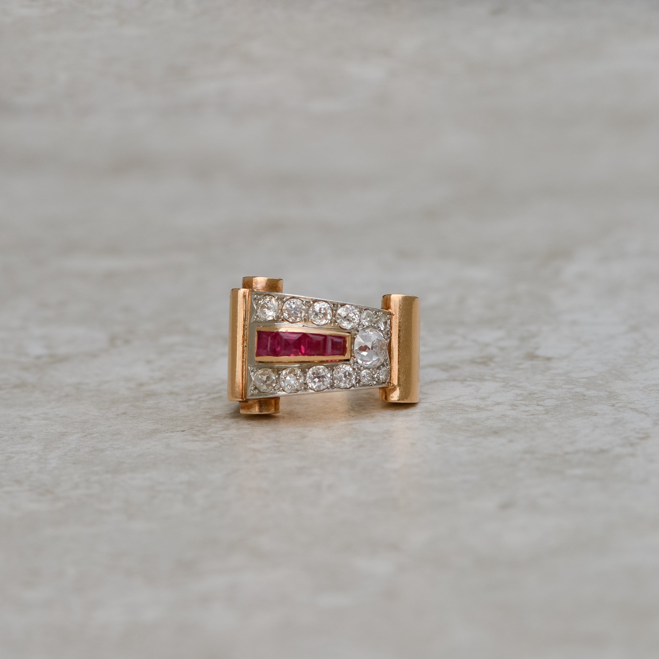 Retro Old Mine Cut Diamond & Lab Ruby Tank Ring