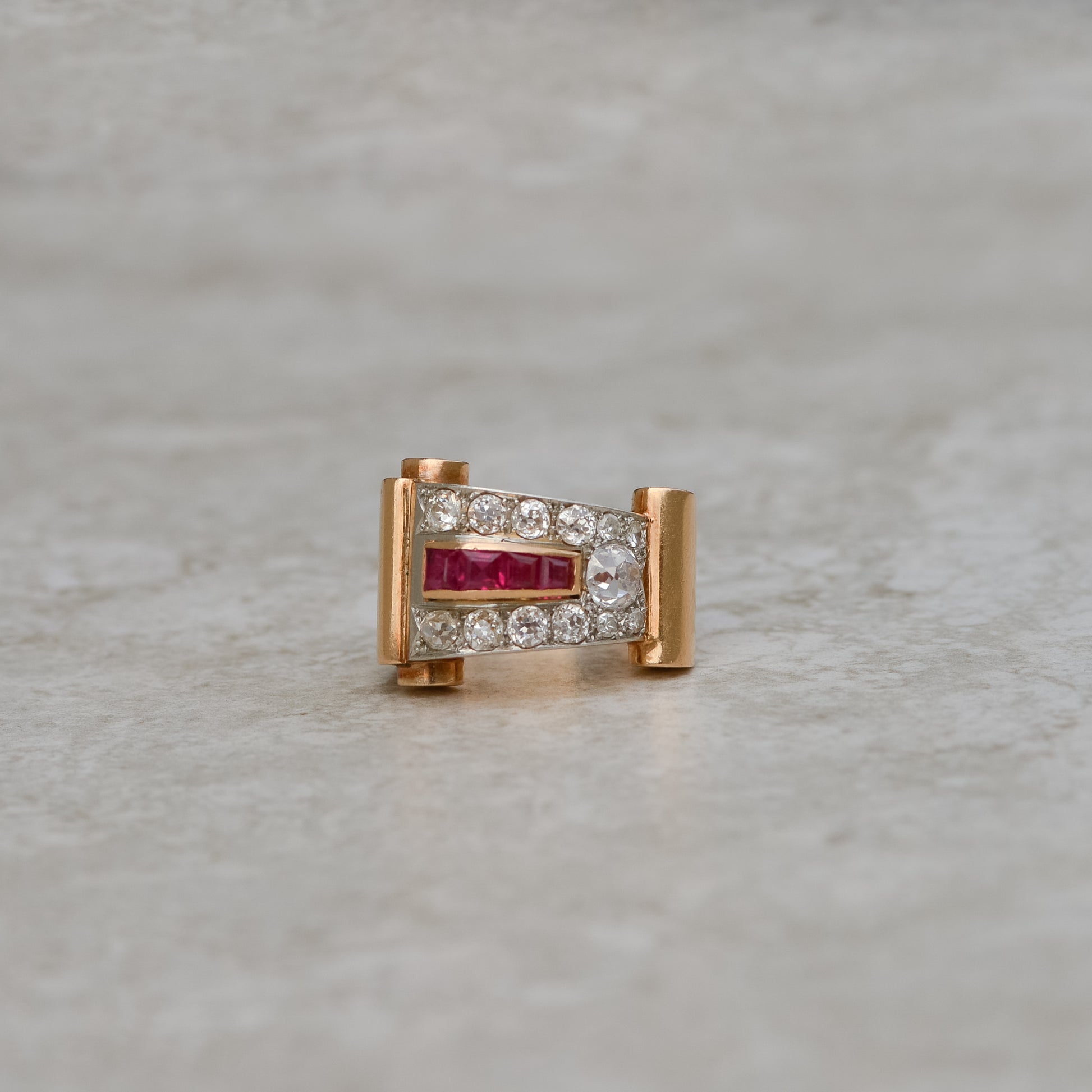 Retro Old Mine Cut Diamond & Lab Ruby Tank Ring