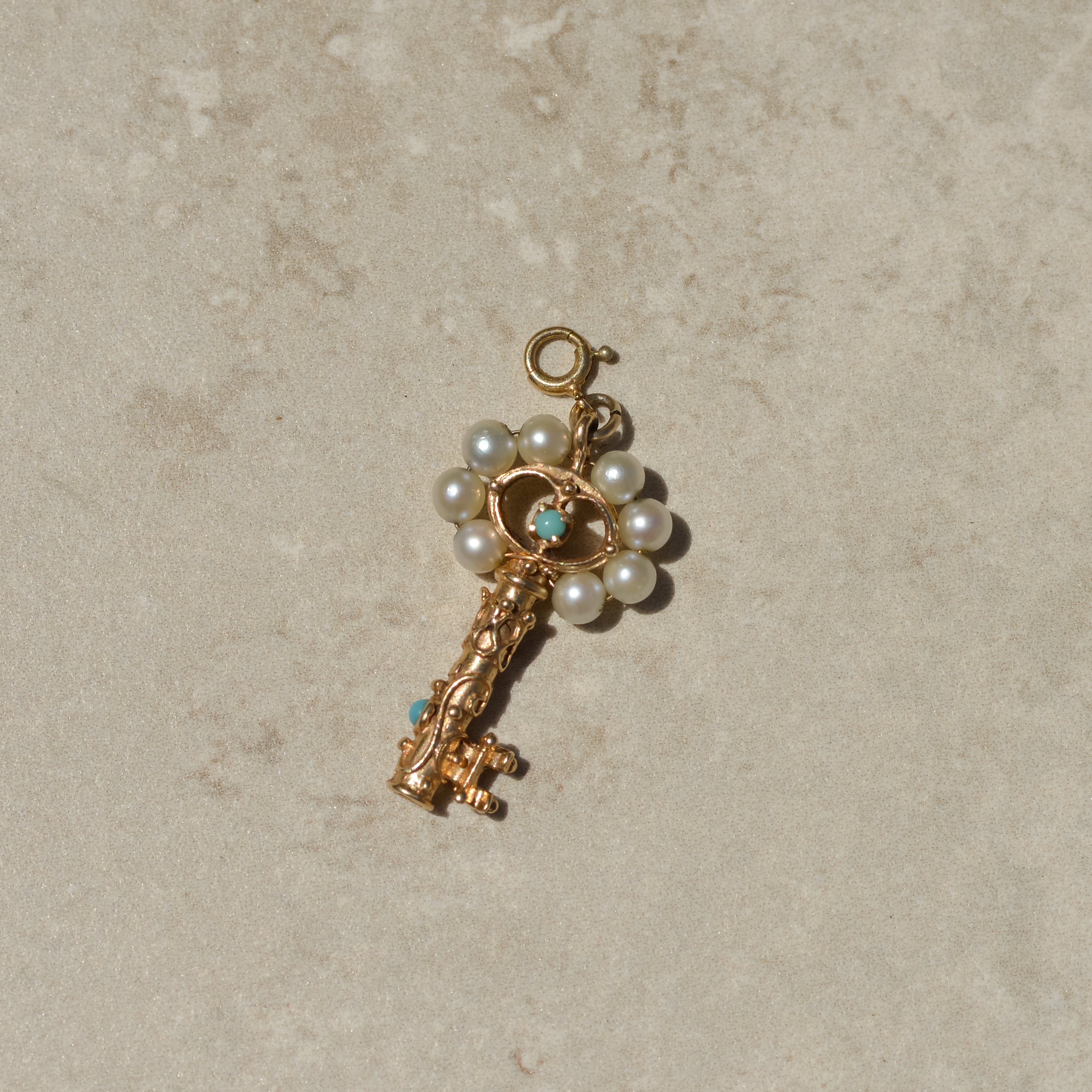 Vintage Pearl & Turquoise Key Charm