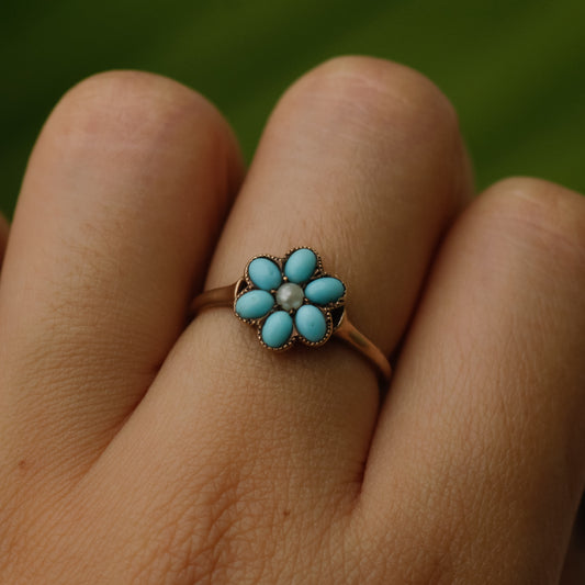 Victorian Turquoise Flower Ring Sz 6 1/4 14k