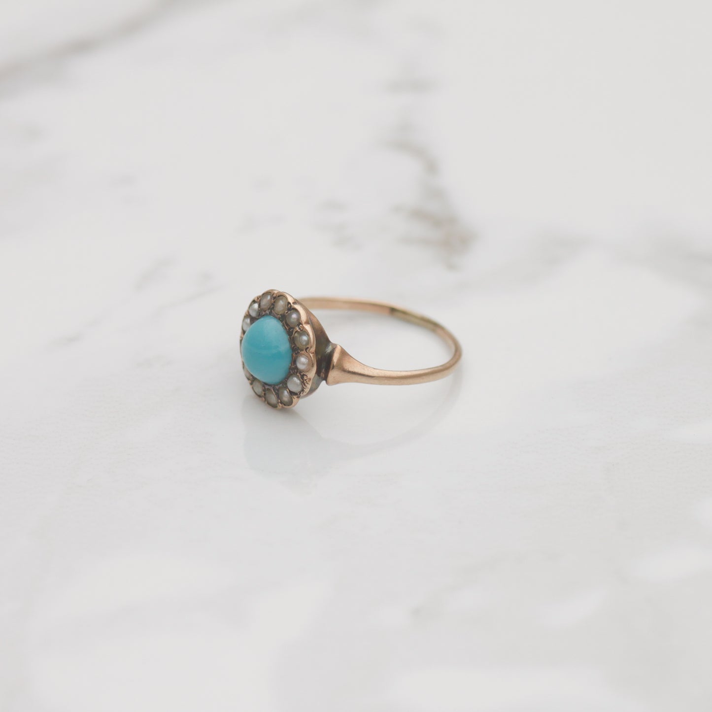 Victorian Turquoise Seed Pearl Halo Ring Sz 3 3/4 9k