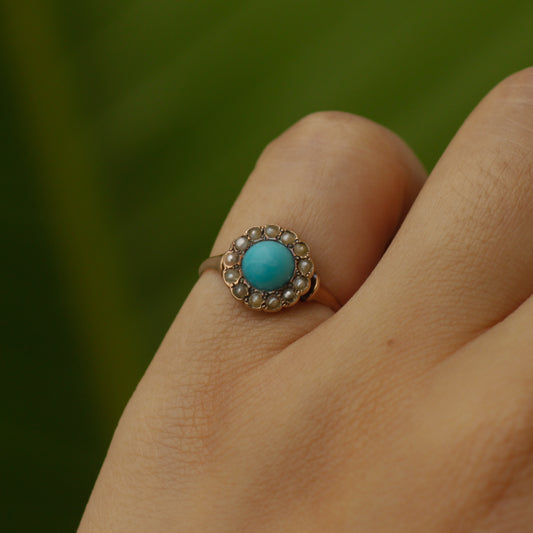 Antique Turquoise Seed Pearl Halo Ring Sz 3 3/4 9k