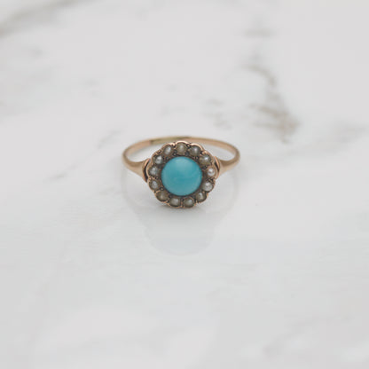 Victorian Turquoise Seed Pearl Halo Ring Sz 3 3/4 9k