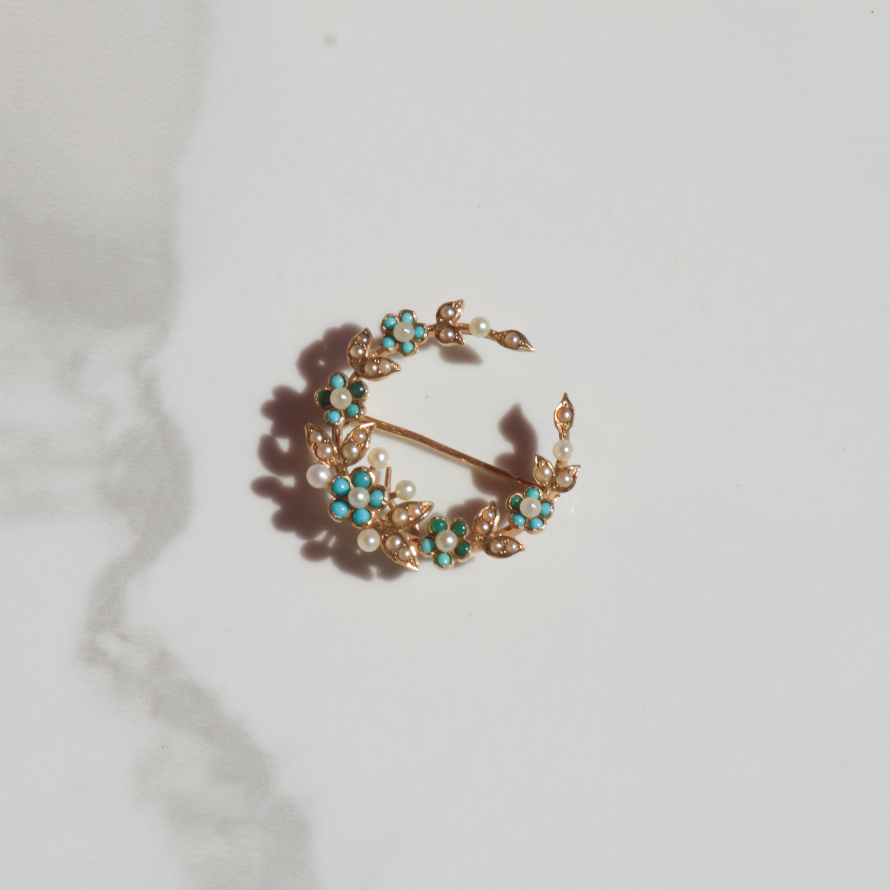 Antique Victorian Turquoise and Pearl Crescent Brooch