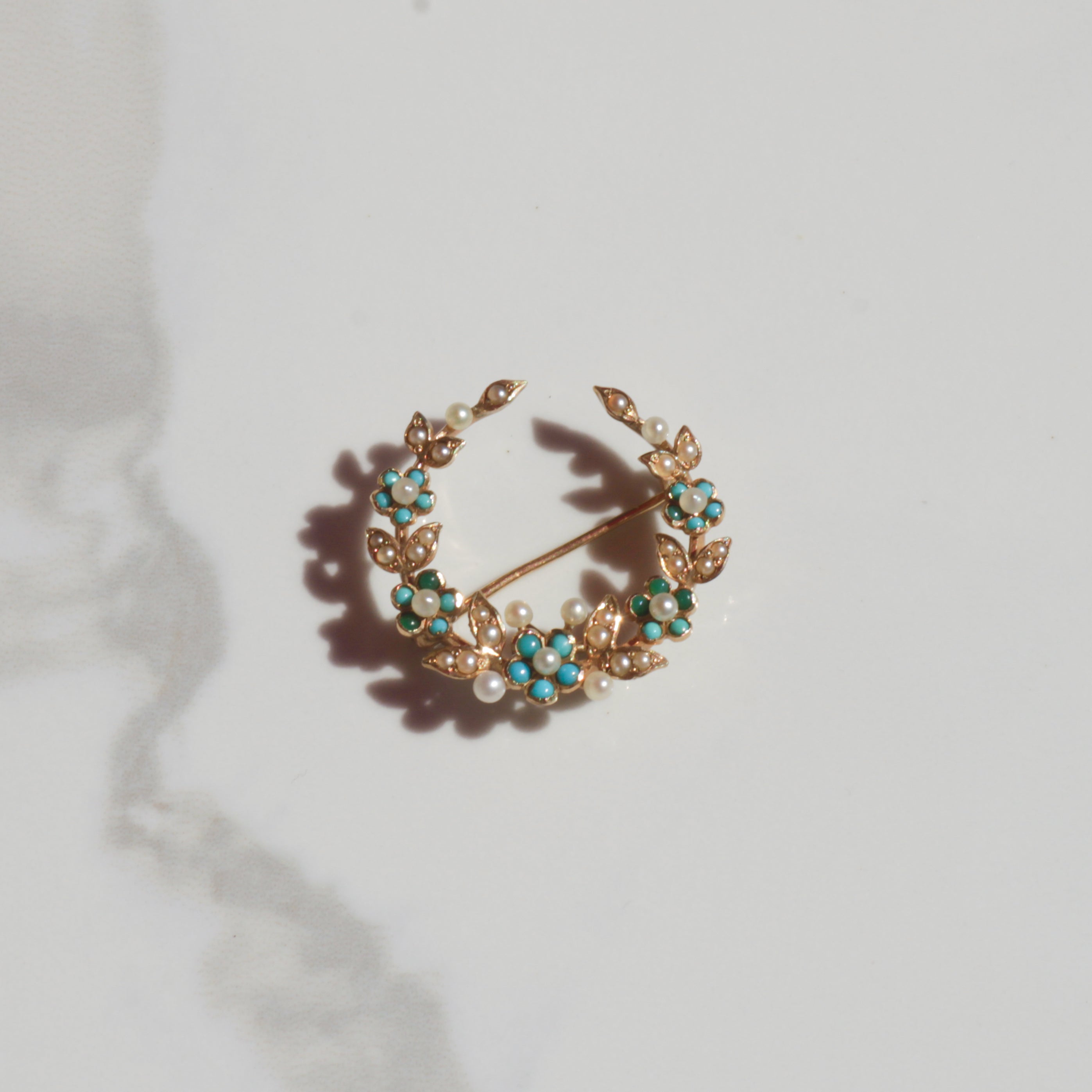 Antique Victorian Turquoise and Pearl Crescent Brooch