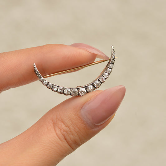 Victorian Old Mine Cut Diamond Crescent Moon Brooch