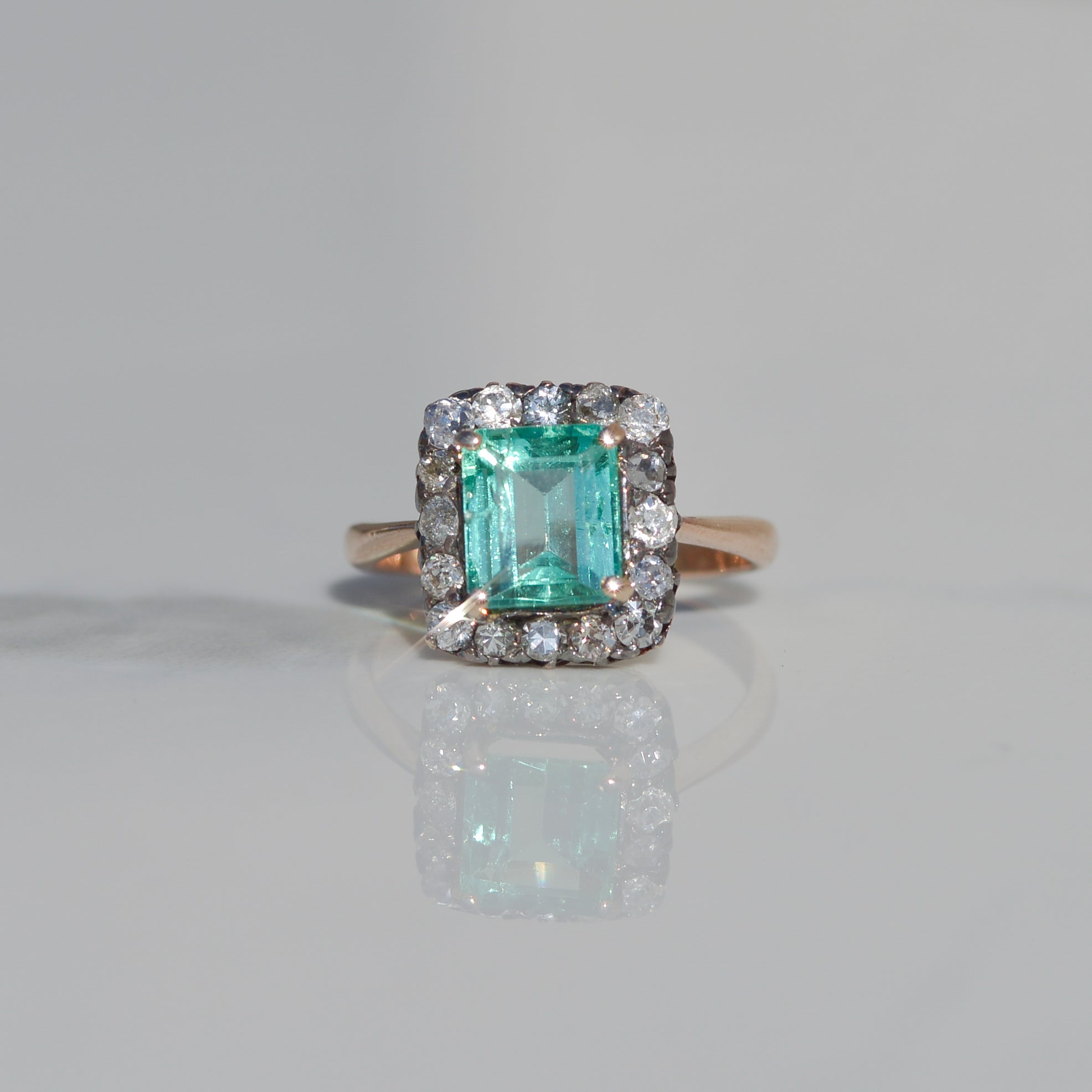 Victorian Colombian Emerald Diamond Halo Ring