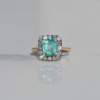 Antique Emerald with Diamond Halo Ring Sz 4 1/2 14k