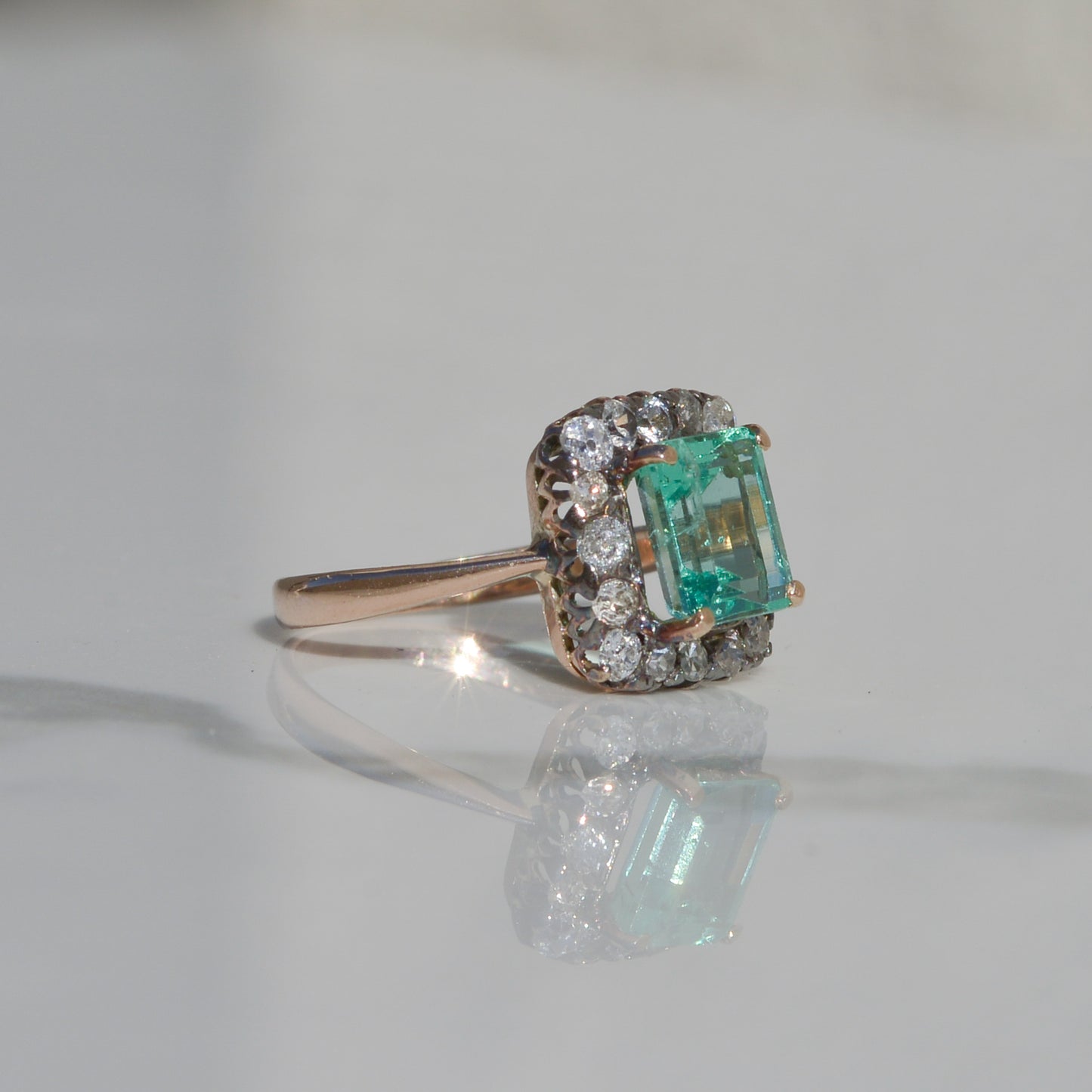 Antique Emerald with Diamond Halo Ring Sz 4 1/2 14k