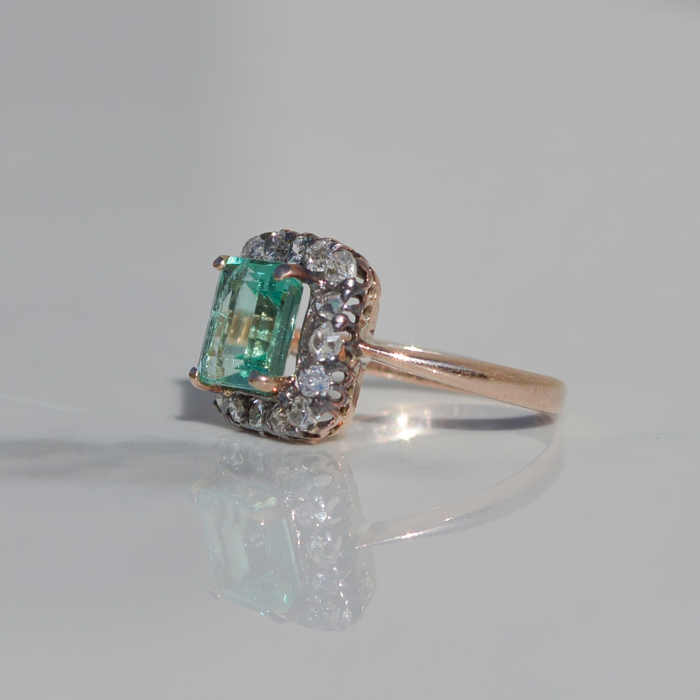 Antique Emerald with Diamond Halo Ring Sz 4 1/2 14k