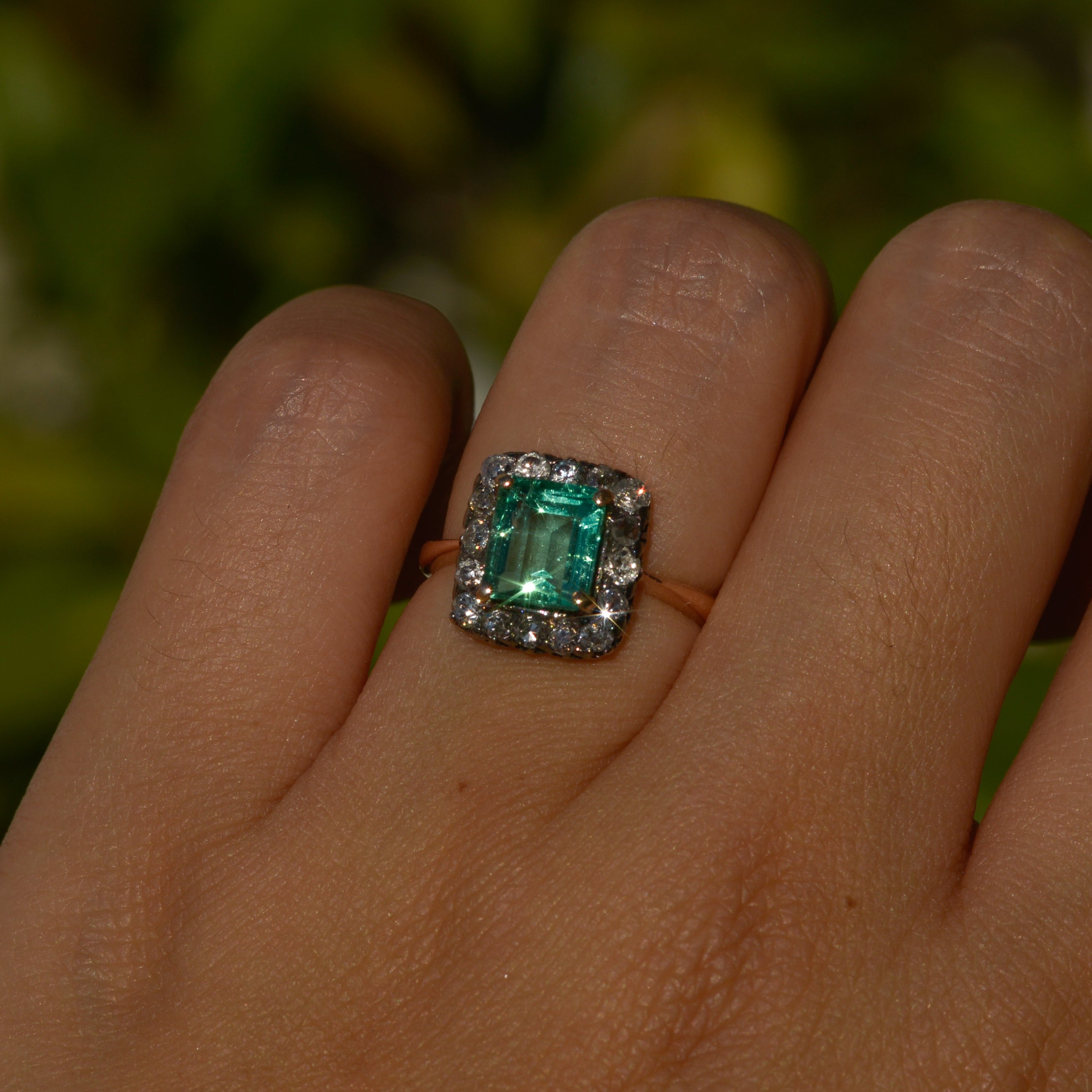Victorian Colombian Emerald Diamond Halo Ring
