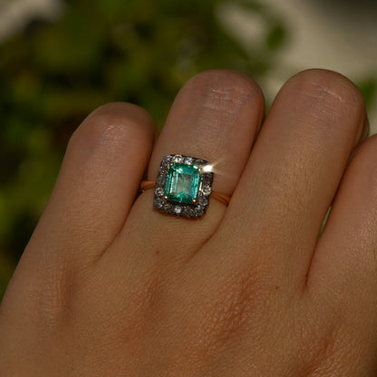 Antique Emerald with Diamond Halo Ring Sz 4 1/2 14k