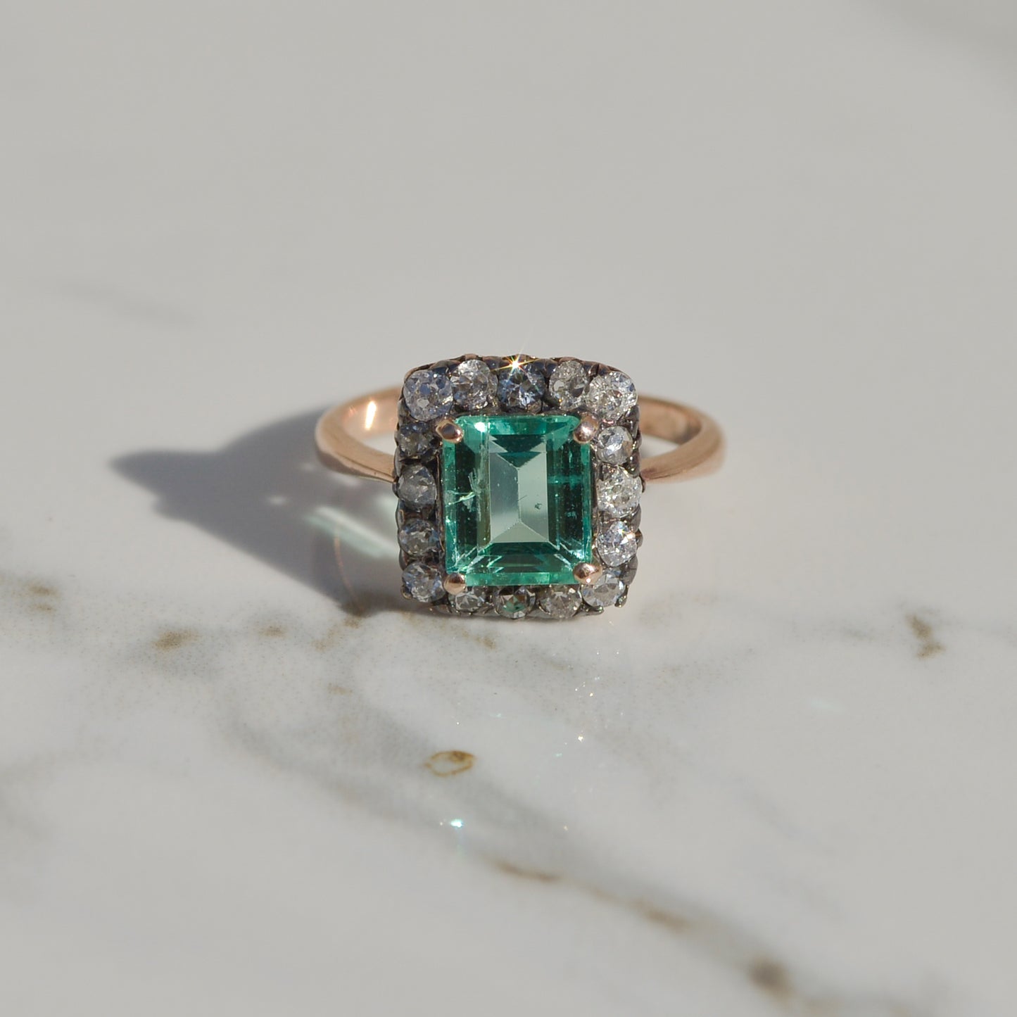 Antique Emerald with Diamond Halo Ring Sz 4 1/2 14k