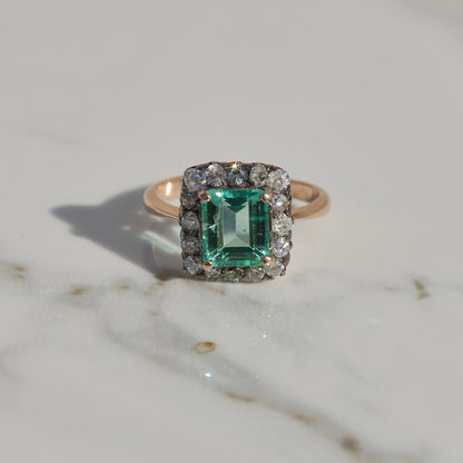 Antique Emerald with Diamond Halo Ring Sz 4 1/2 14k