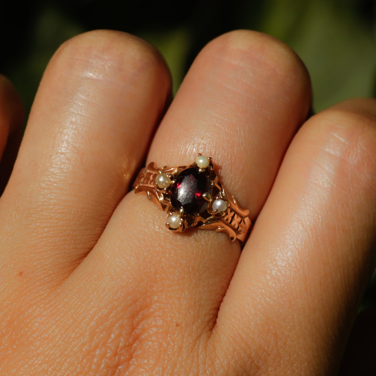 Victorian Garnet and Pearl Ring Sz 5 1/2 14k