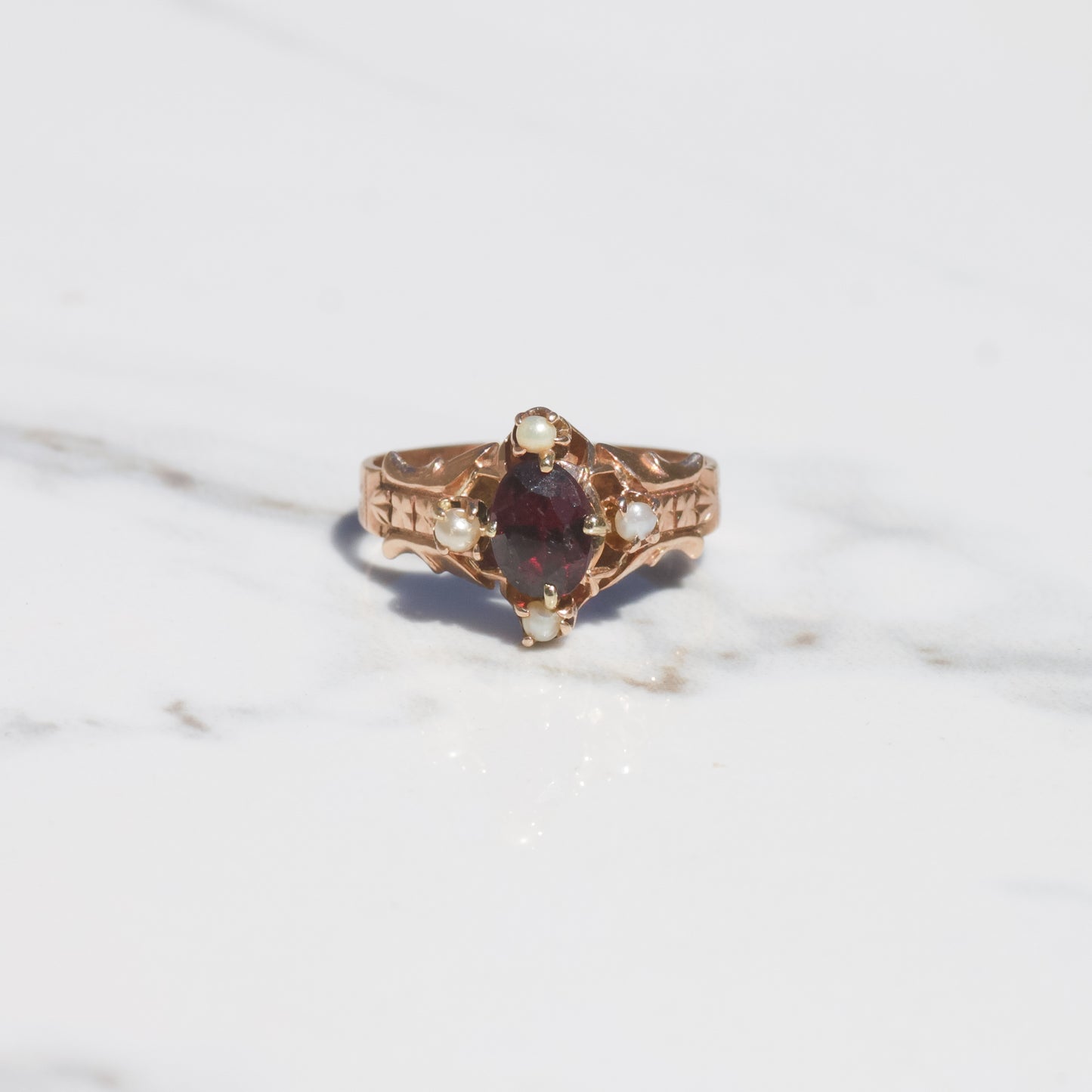 Victorian Garnet and Pearl Ring Sz 5 1/2 14k