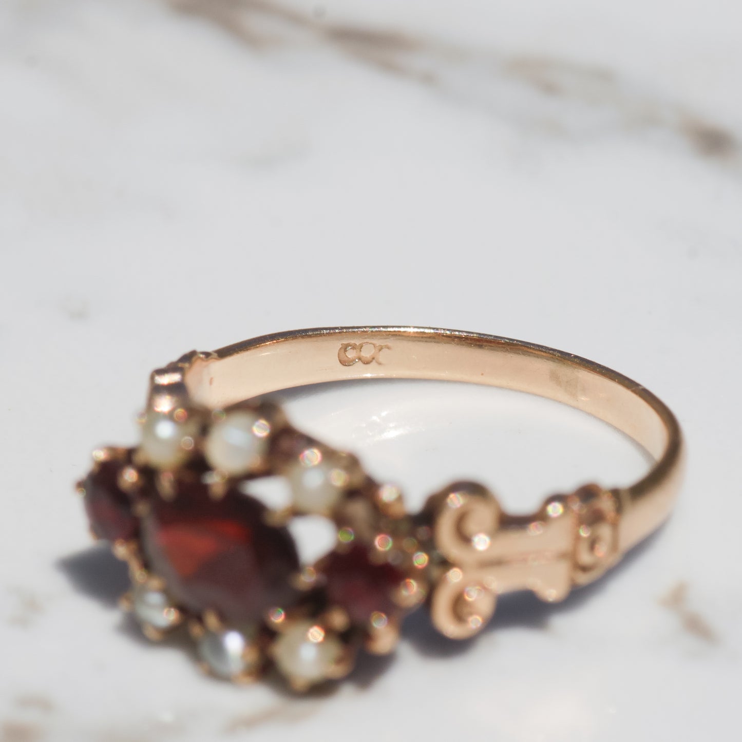 Victorian Garnet and Pearl Ring Sz 5 14k