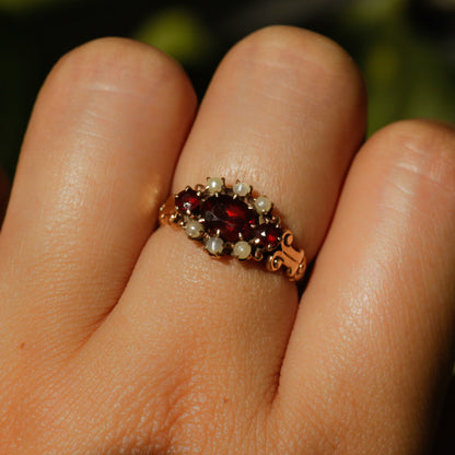 Victorian Garnet and Pearl Ring Sz 5 14k