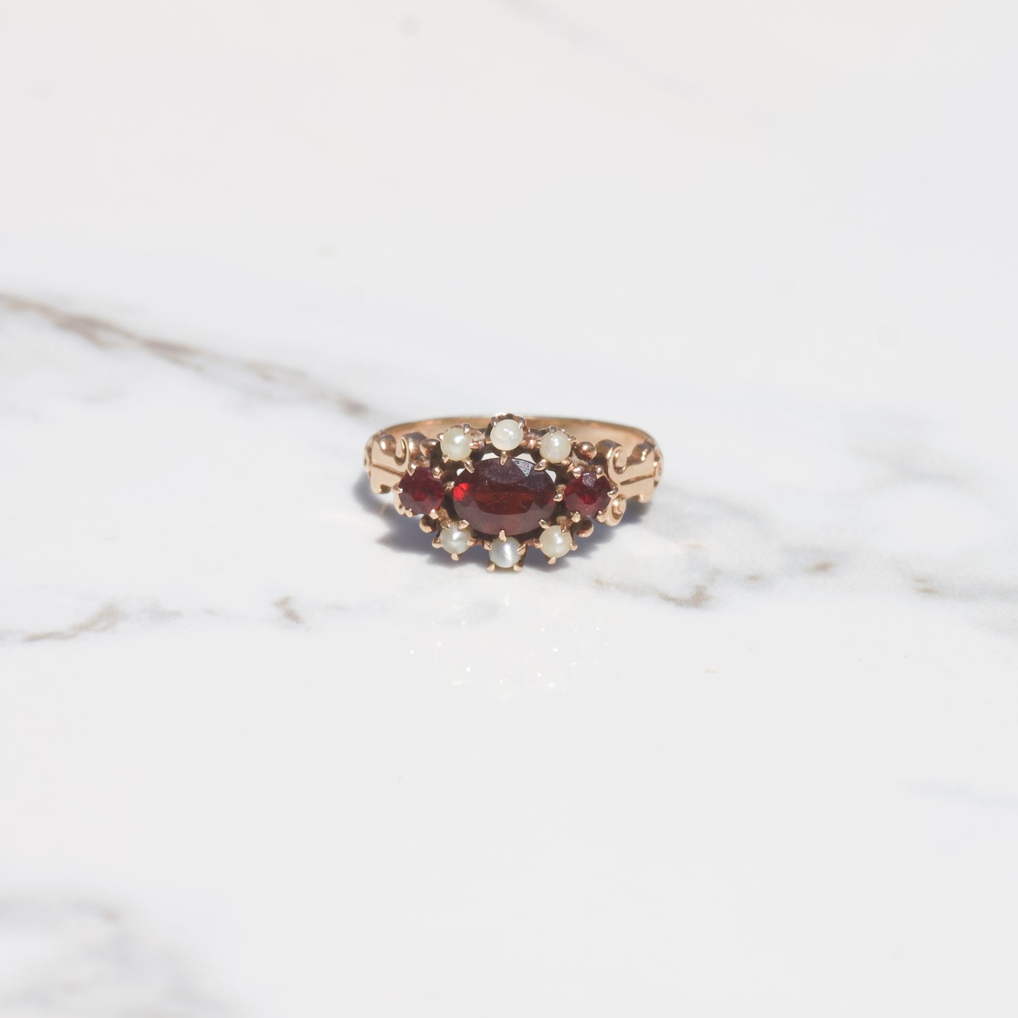 Victorian Garnet and Pearl Ring Sz 5 14k