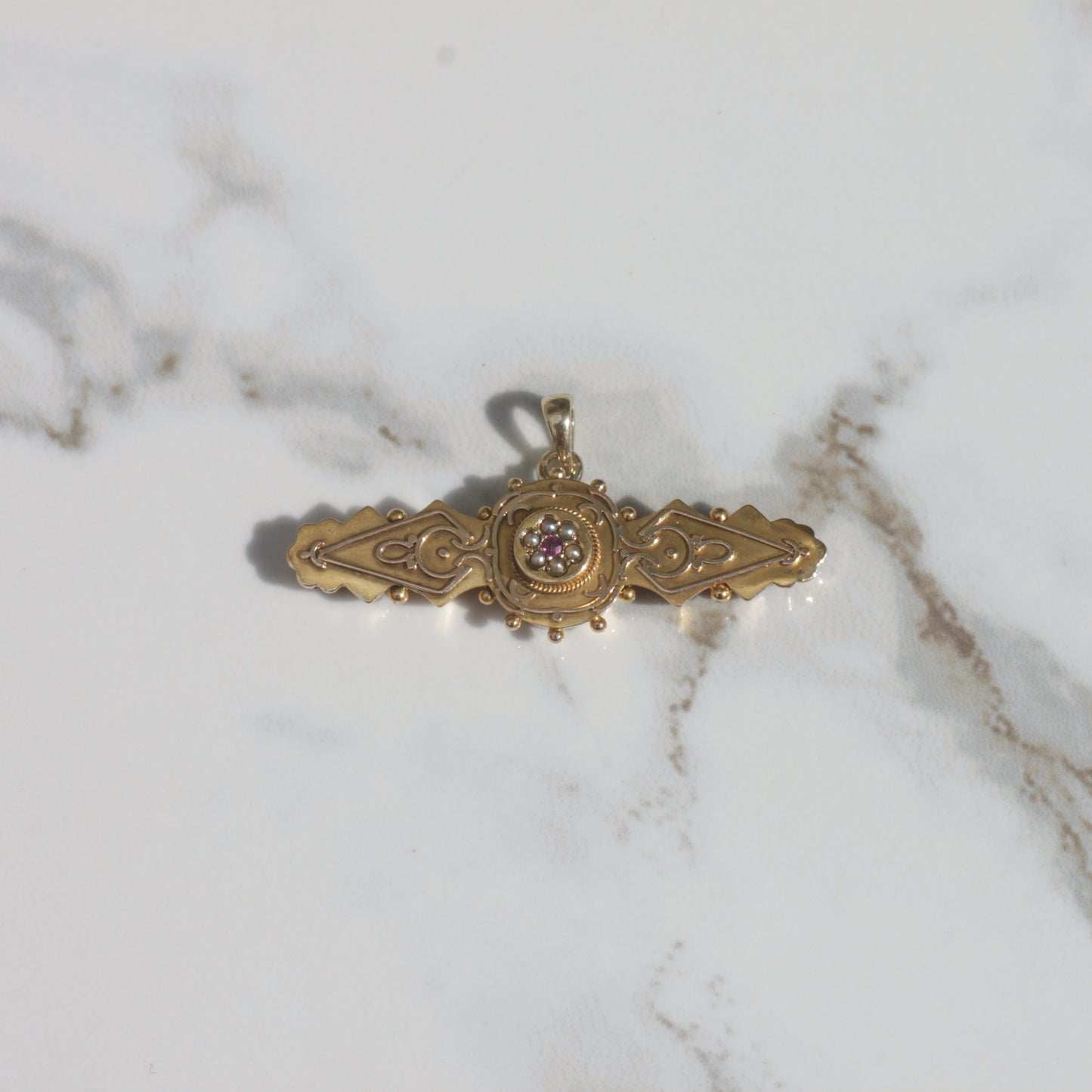 Antique Victorian Floral Bar Pendant 15k Gold