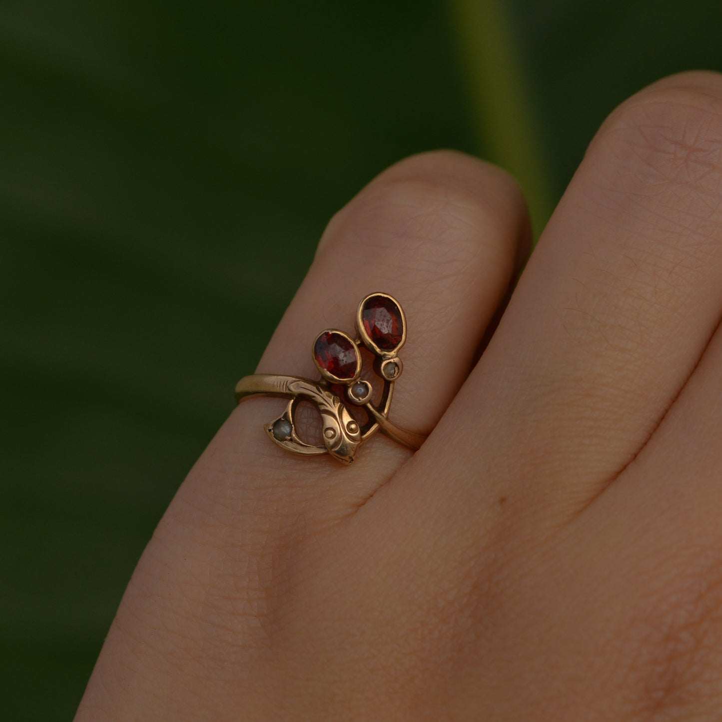 Antique Victorian Garnet and Pearl Snake Ring Sz 4 18k