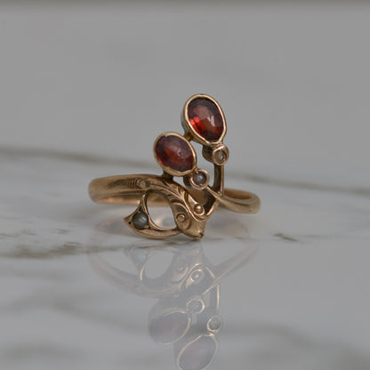 Antique Victorian Garnet and Pearl Snake Ring Sz 4 18k