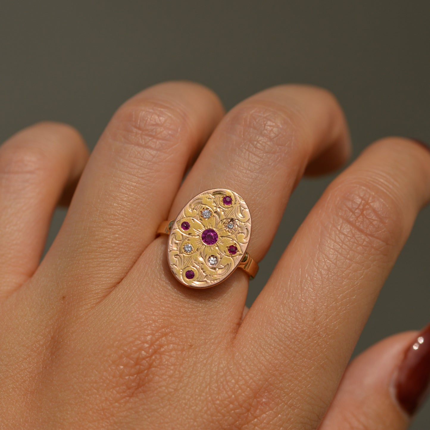 Victorian Engraved Ruby and Diamond Signet